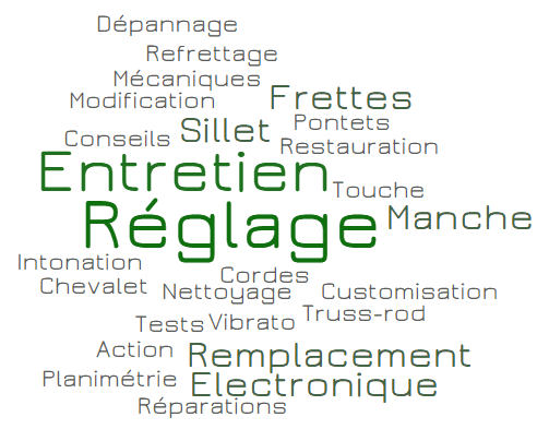 Réparation, réglage, entretien pour guitares, basses, électriques ou acoustiques